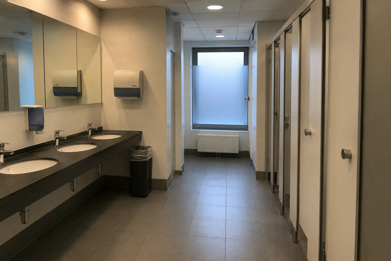 Gereinigter Sanitärraum in einem Bürogebäude mit Waschtischen, Spiegeln und WC-Kabinen