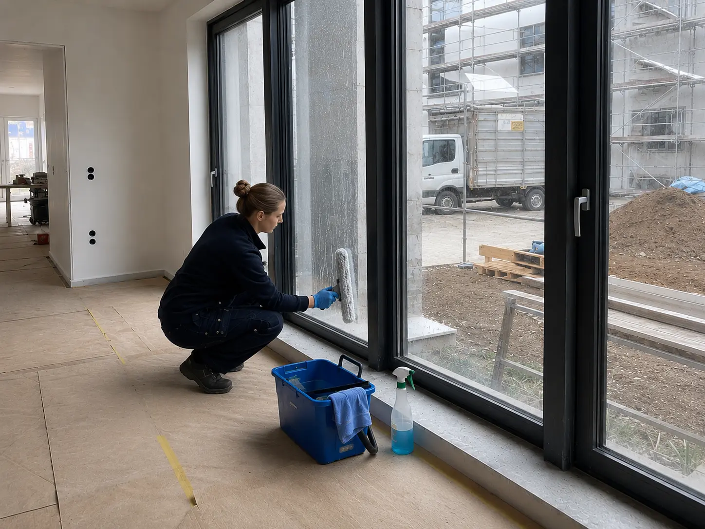 Mitarbeiterin reinigt auf der Baustelle die Glasfront eines neuen Raums, draußen stehen Gerüst und Bagger