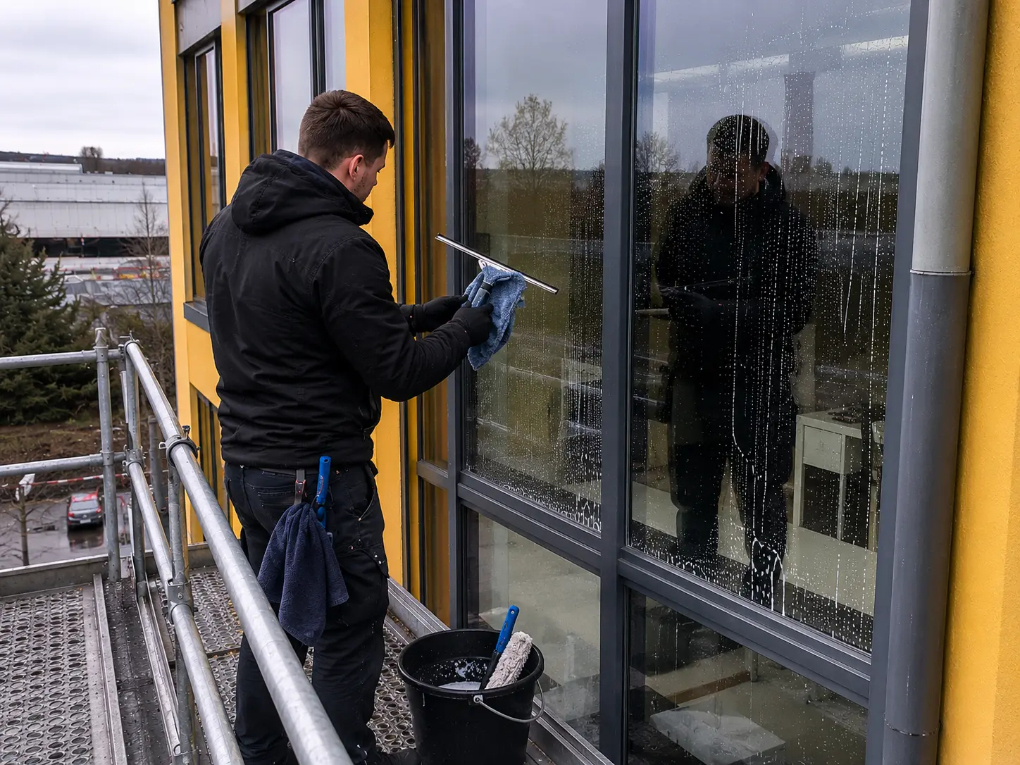 Mitarbeiter reinigt vom Gerüst aus die Glasfassade eines Bürogebäudes mit gelber Fassade