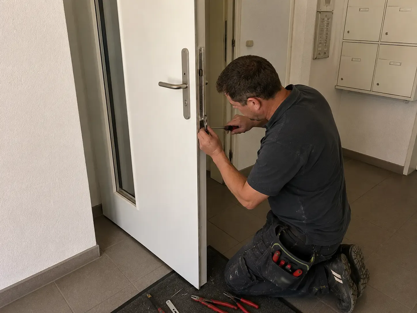 Mitarbeiter repariert kniend das Schloss einer Wohnungstür im Hausflur