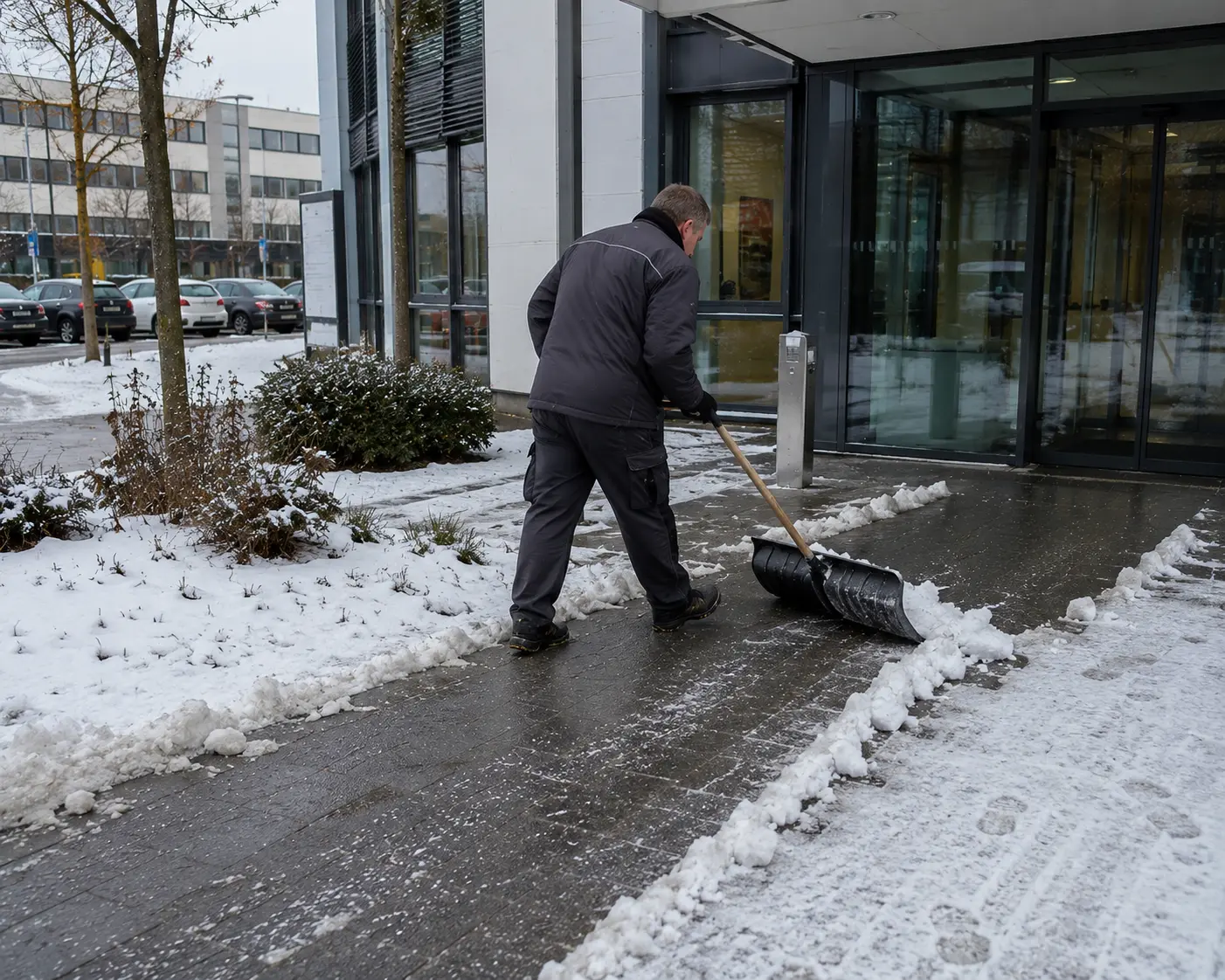 Mitarbeiter räumt mit dem Schneeschieber den Weg vor einem Bürogebäude