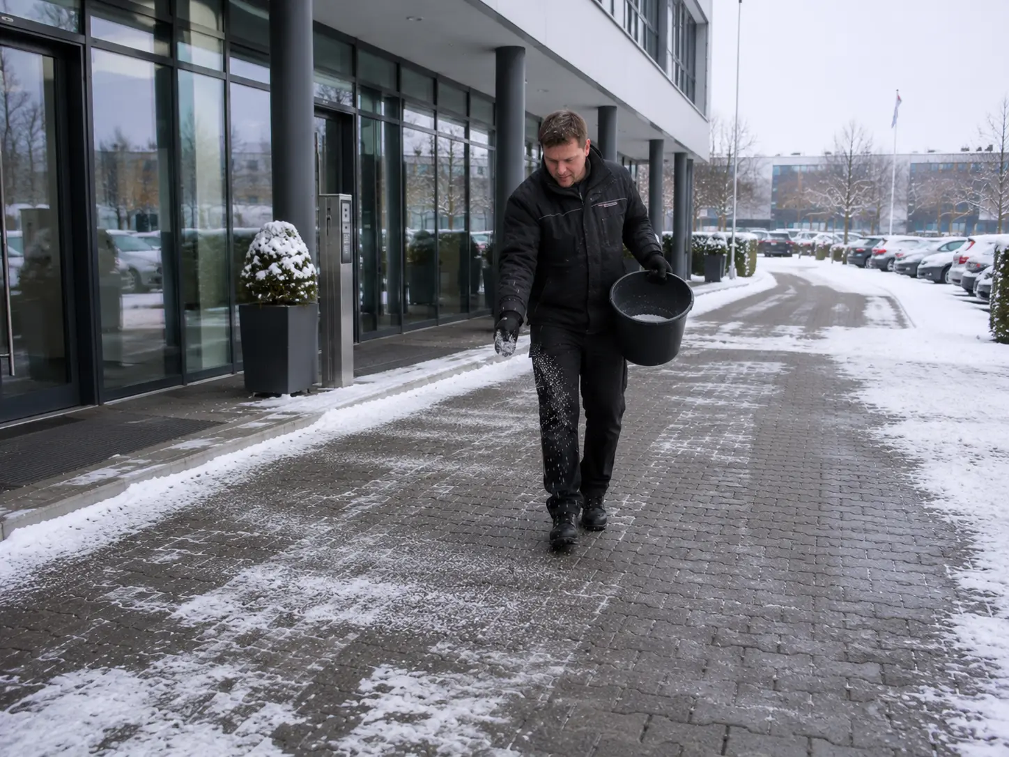 Mitarbeiter streut Splitt auf den verschneiten Gehweg vor einem Bürogebäude