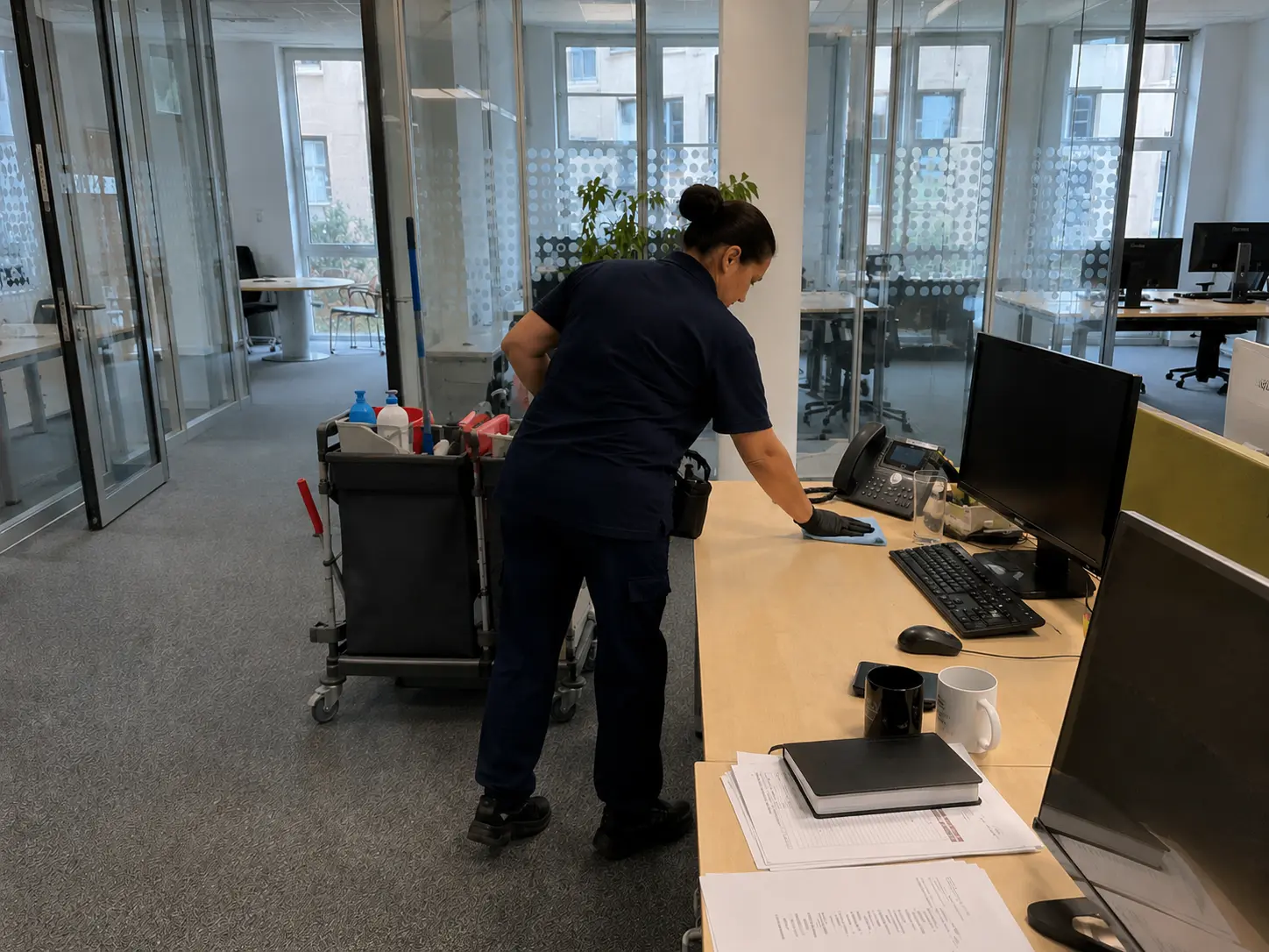Reinigungskraft wischt einen Schreibtisch in einem Großraumbüro, neben ihr der Reinigungswagen
