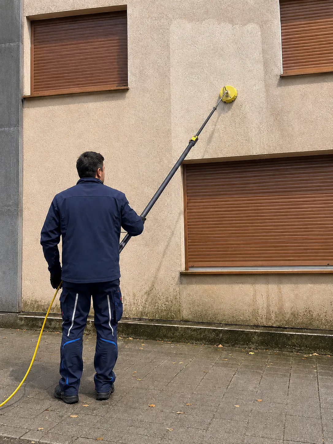 Mitarbeiter reinigt eine Putzfassade mit dem Flächenreiniger an der Teleskopstange