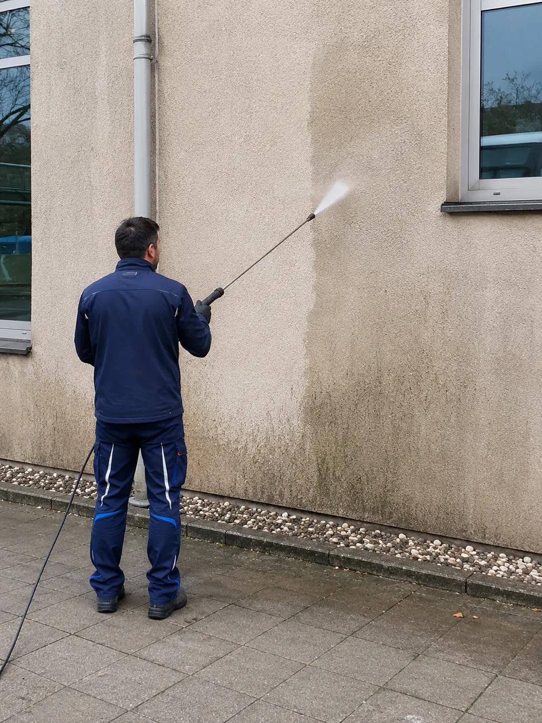 Mitarbeiter spritzt eine Putzfassade mit der Hochdrucklanze ab, der gereinigte Streifen ist heller