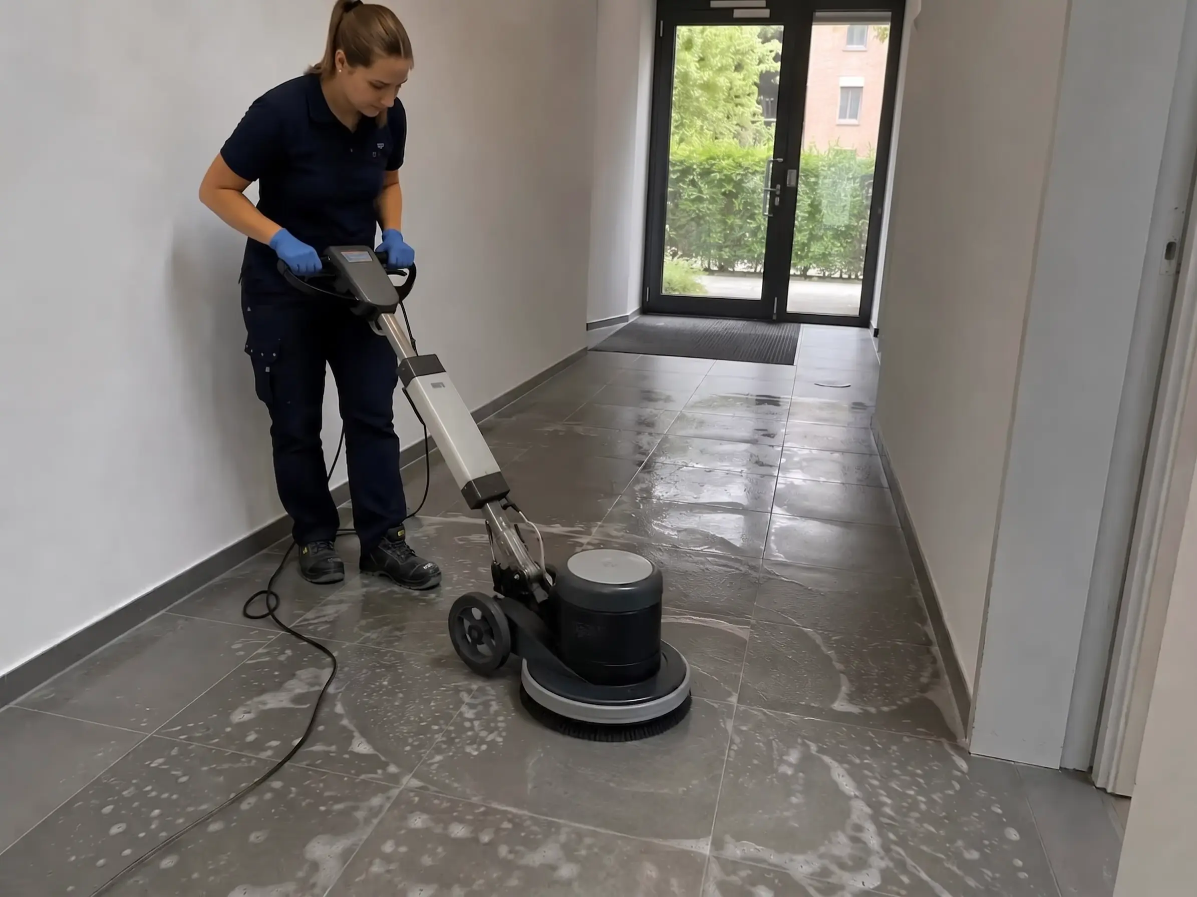 Reinigungskraft bearbeitet den gefliesten Flur mit der Einscheibenmaschine, der nasse Belag glänzt