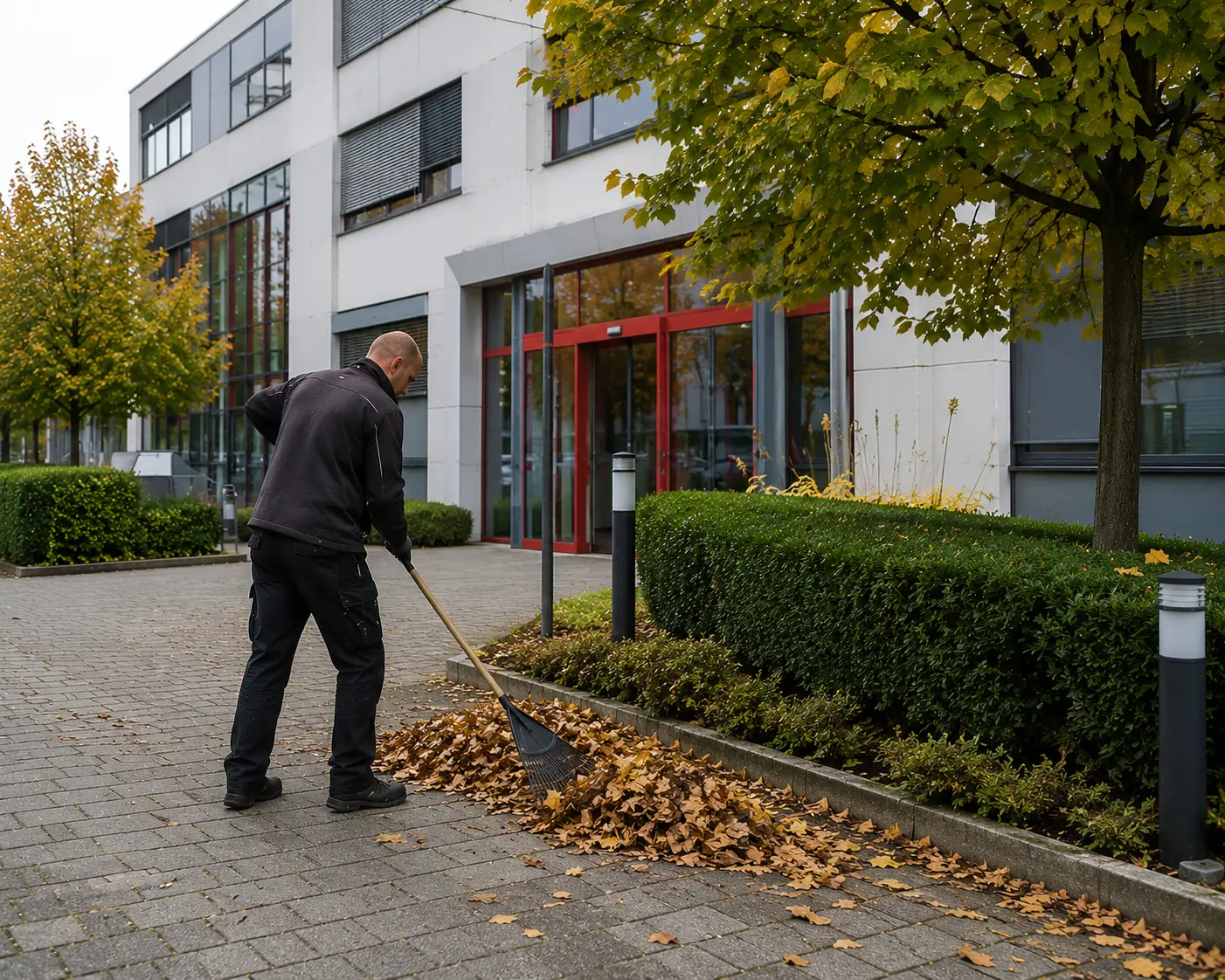 Mitarbeiter recht Laub vom Pflaster vor dem Eingang eines Bürogebäudes zusammen
