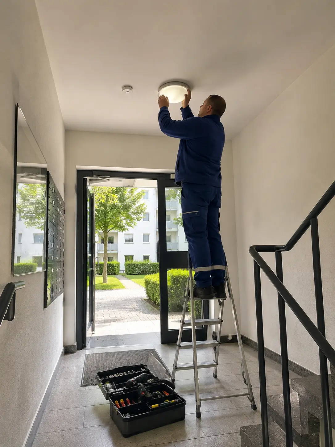Hausmeister steht auf der Leiter im Hauseingang und wechselt die Deckenleuchte, der Werkzeugkoffer liegt offen auf dem Boden